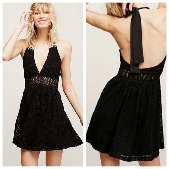 Free People Black Crochet Halter Dress 